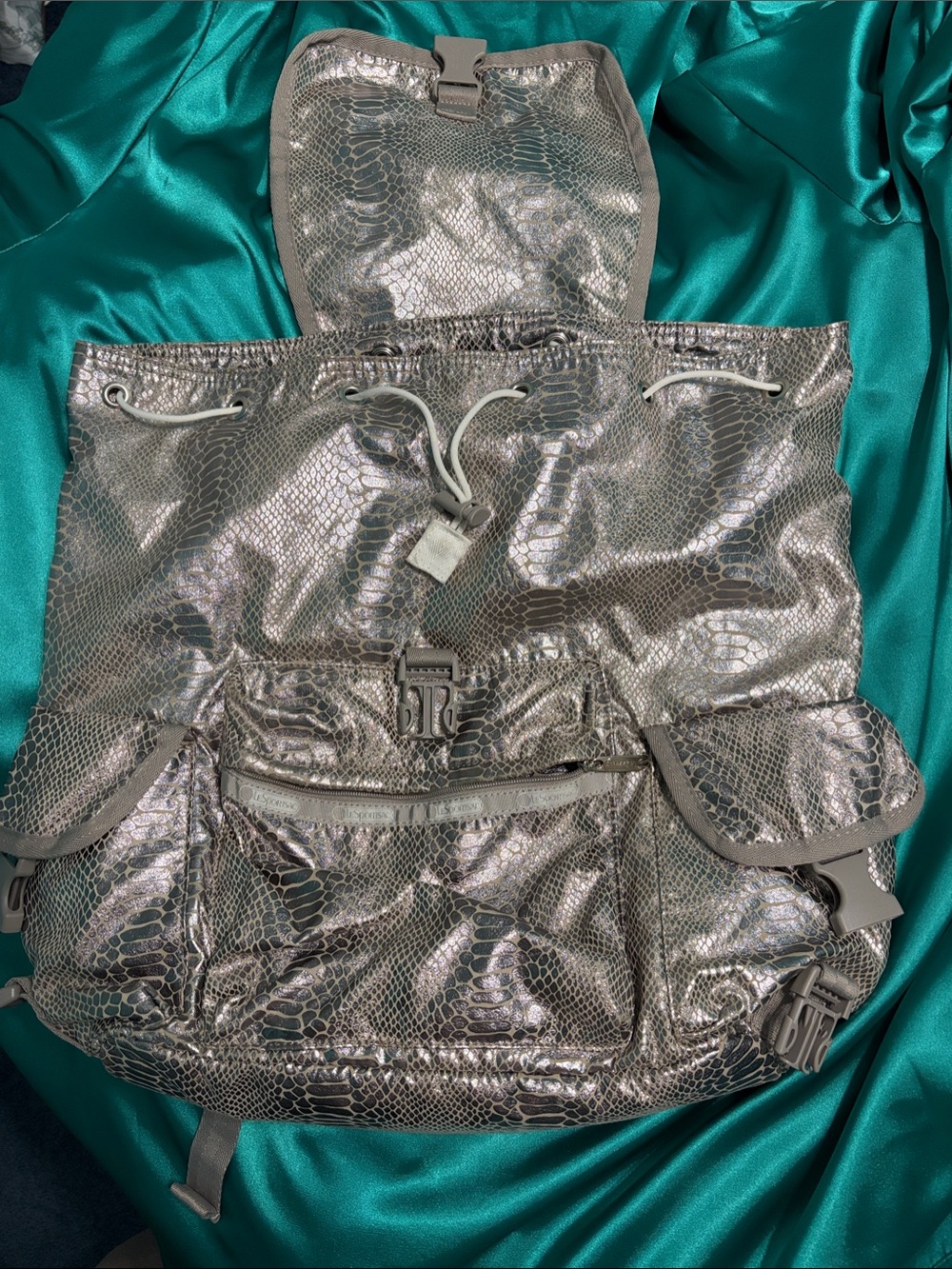 Lesportsac Metallic Silver Snake-Print Drawstring Backpack